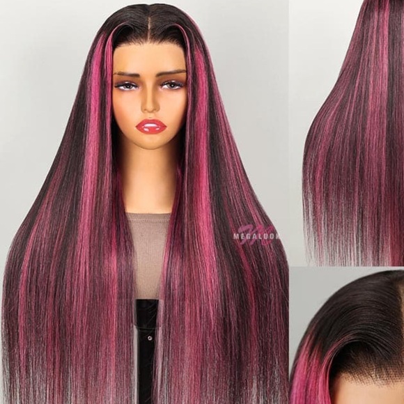 Megalook Human Hair Transparent 13x4 Lace Front Wig Purple Highlights 24 inch - Picture 3 of 11